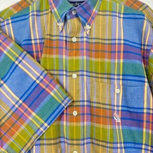 Nautica Button Down Shirt Mens M Madras Plaid Short Sleeve Preppy 90s